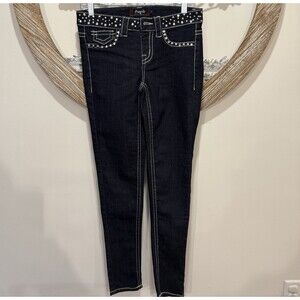 Fragile Slim Leg Jeans Wmn's Size M Dark Wash Denim Blue Studs Stitching Y2K